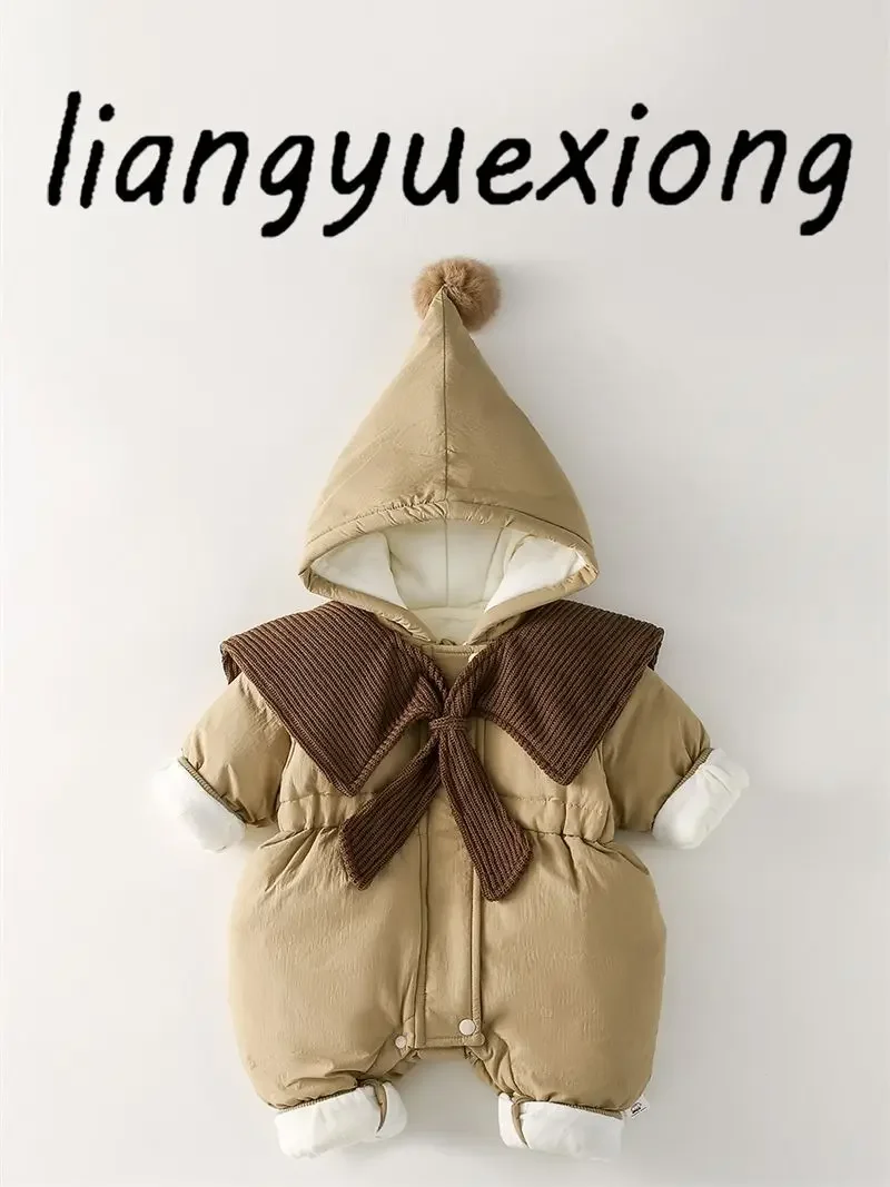 Baby Girls Thick Jumpsuit Winter Cotton Clothes Warm Jacket Cotton Clip New Velvet Cotton Hooded Rompers