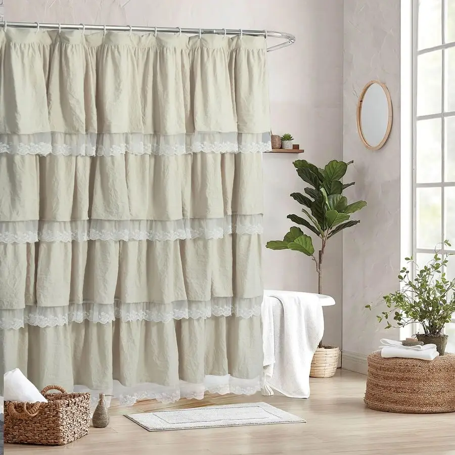 

Ruffle Shower Curtain with Scalloped Lace Trim amp Attached Valance, 72 x 72 Soft Microfiber Shower Curtains for Bathroom, Easy
