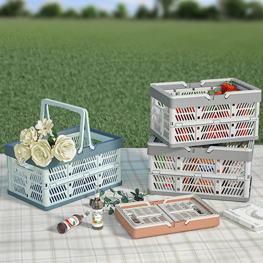 قفص بمقبض بلاستيكي قابل للطي مع سلال تخزين بمقابض كبيرة قابلة للتكديس لغرفة المعيشة في المطبخ وتنظيم سطح المكتب #4