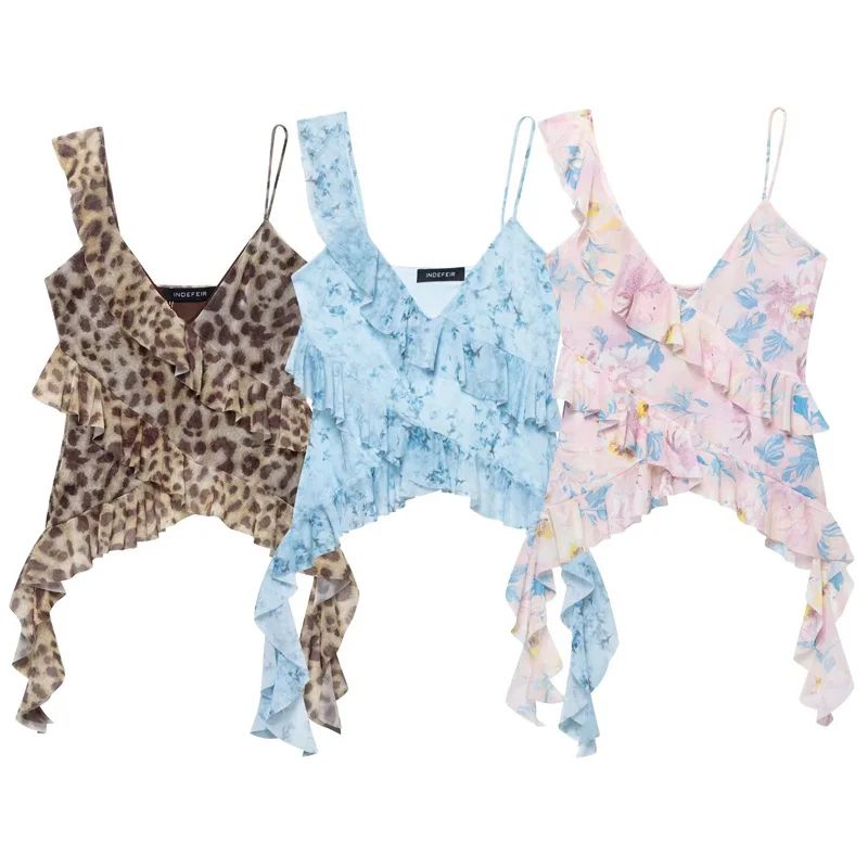 HXAO Leopard Mesh Top Women Tanks & Camis Summer 2025 Sexy Layered Sleeveless Tops For Woman Ruffled Backless Tulle Camisole 066