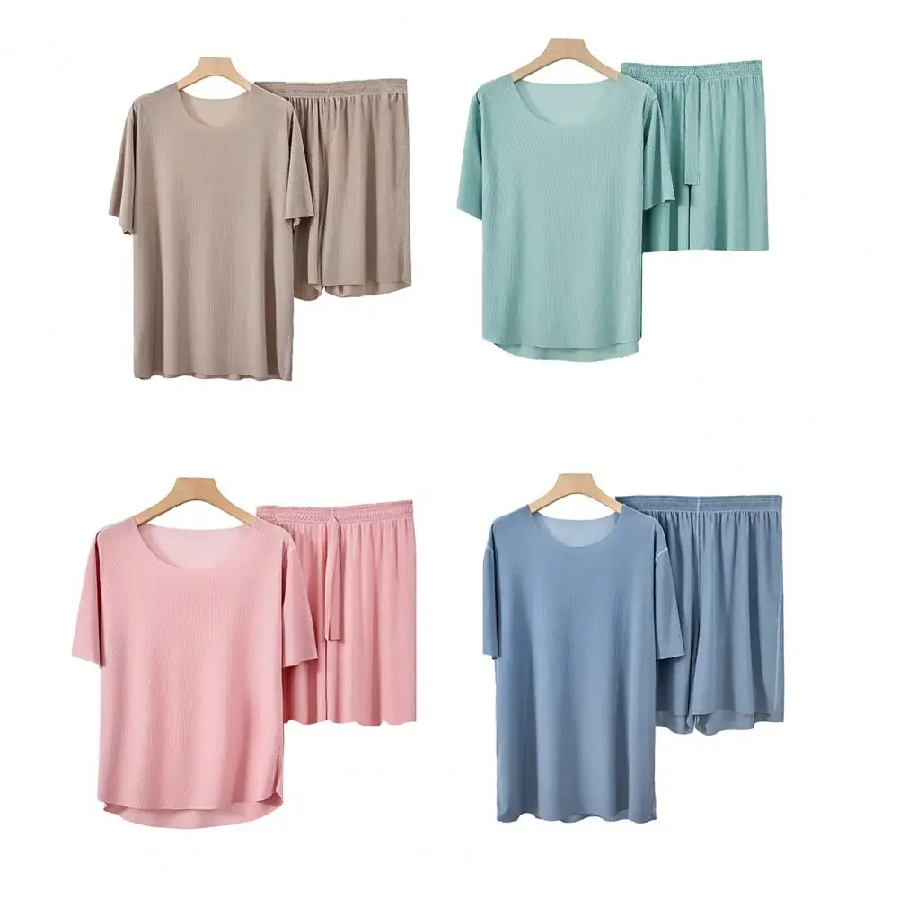 Thin Ice Silk Cool Feeling Men Pajamas Set Summer Men's Homewear T-shirt Short Sleeve Five-point Shorts Pajamas Female Sleepwear