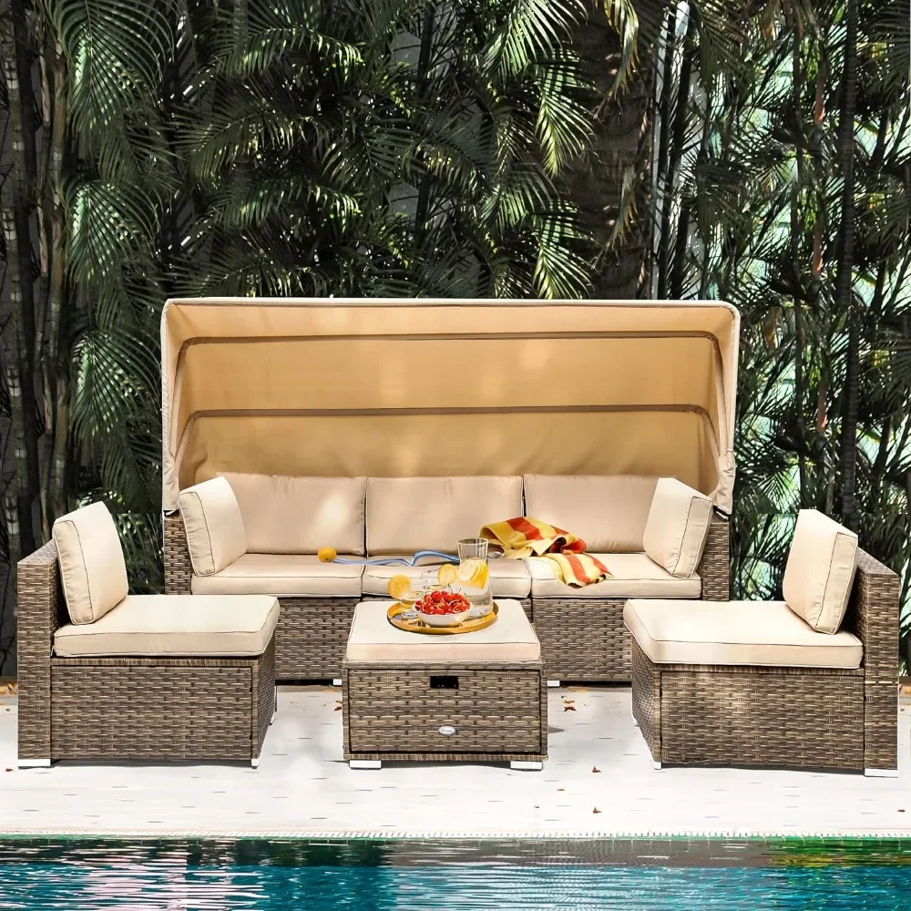 

Patio Wicker Sofa Daybed Furniture Set with Retractable Canopy, Side Table Outdoor Lounger with Soft Cushions for Backyard Porch