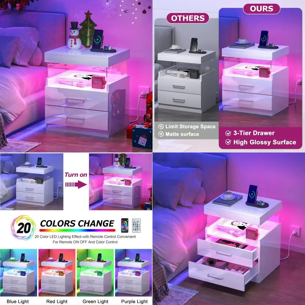 

Modern White LED Nightstand with Drawers and Charging Station