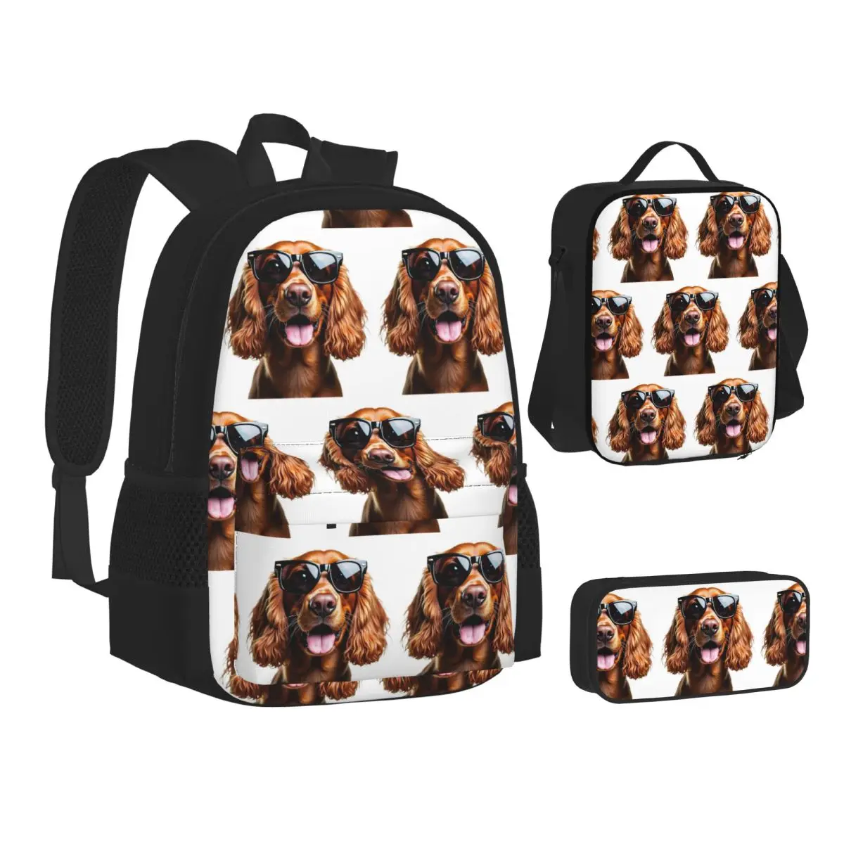 Funny Cool Cocker Spaniel Wearing Sunglasses Backpacks Bookbag School Bags Kids Rucksack Lunch Bag Pen Bag Three-Piece Set