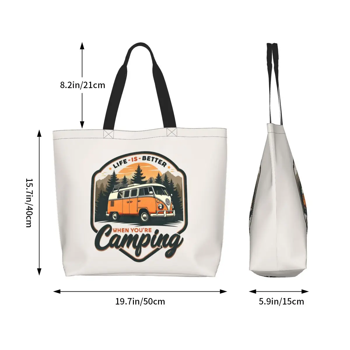 CamperVan Happy Camper Shopping Tote Bag Canvas Large Capacity Shoulder Bags Shopper Grocery Handbag for Women
