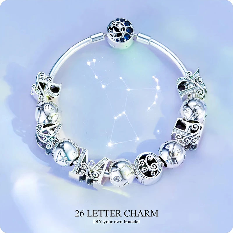 BAMOER ヴィンテージ 925 スターリングシルバー 12 星座スターサイン干支ビーズチャームフィットチャームブレスレットネックレス DIY SCC1218
