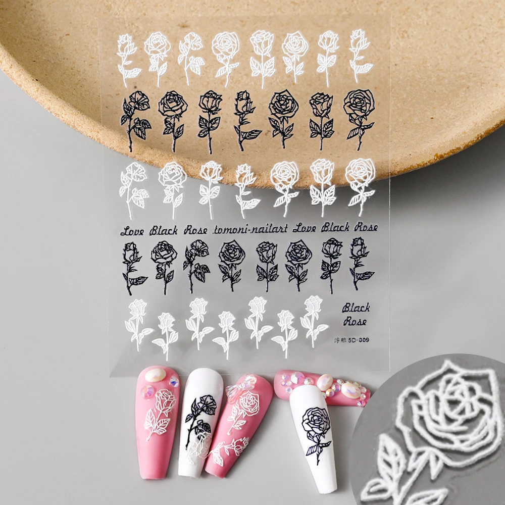 Autocollants 5D en Relief pour Nail Art, Décalcomanies Mignonnes, Motif Amour, Cœur, Étoile, Rose, Fleurs, Gelée, Dessin Animé, Lapins, Lignes, Curseur de Manucure