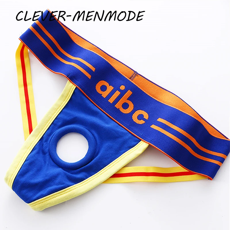 CLEVER-MENMODE Sexy Men\'s Hollow Out Jockstrap Thong Penis Hole Silicone O Ring Underwear Low Rise Panties Underpants Homme