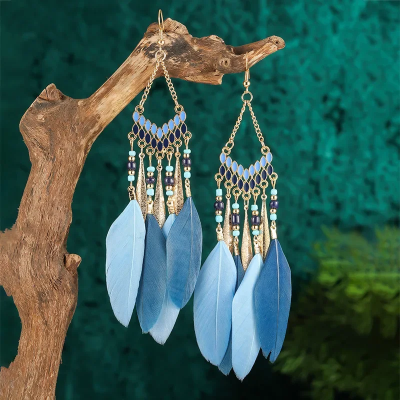 Boheemse Etnische Veren Bengelen Oorbellen Voor Vrouwen Trendy Lange Kwastjes Kleurrijke Kralen Drop Oorbellen Meisje Vrouwelijke Boho Sieraden