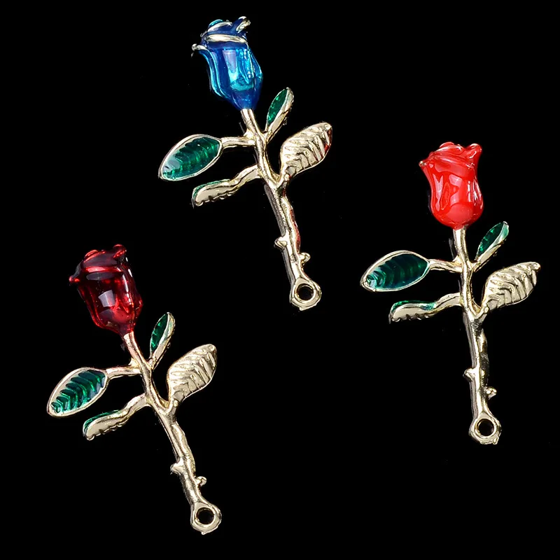 

50PC 24*41mm Gold color Alloy Material Enamel Rose flower charm for Valentine's Day Earring/Necklace Jewelry Making Wholesale