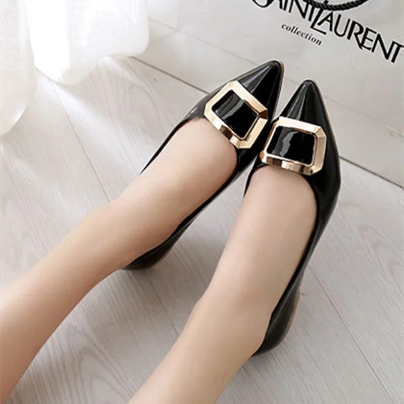 Female Vintage Pointy Toe Plus Size 33-48 Flat Heels Women Metal Buckle Slip-Ons For Party Stiletto Lovely Shoes Grey Red Beige
