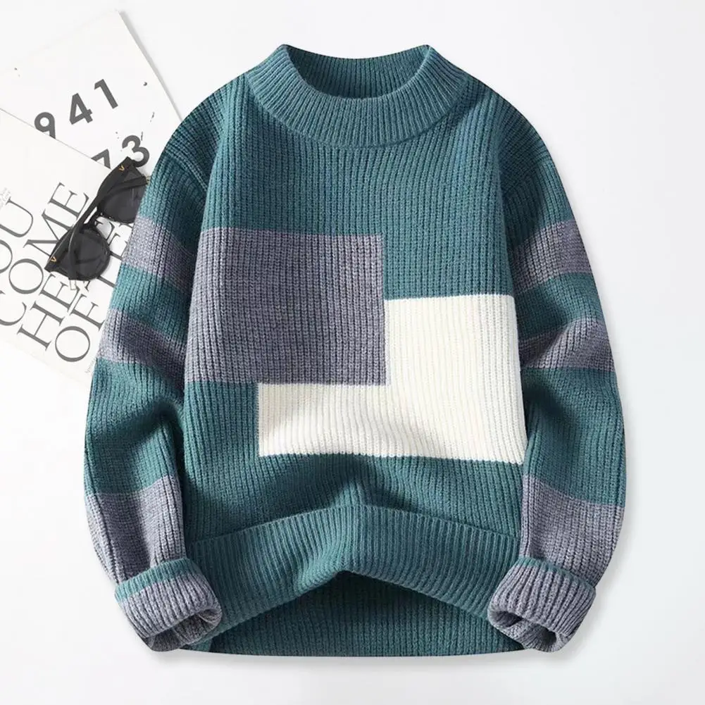 

New Fashion Youthful Vitality Mens Turtleneck Sweater Autumn Winter Loose Casual Knitted Pullovers Men Warm Patchwork Knitwear