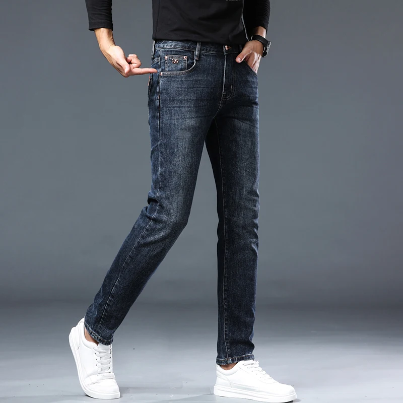 Calça jeans azul lavada masculina, justa, reta, elástica, comprida, europeia, marca de maré, jeans high-end, outono, inverno