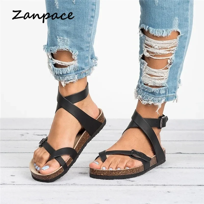 2023 Women Flat Sandals Summer Plus Size 44 Casual Beach Shoes Women Buckle Strap Gladiator Open Toe Flops Women Black Brown