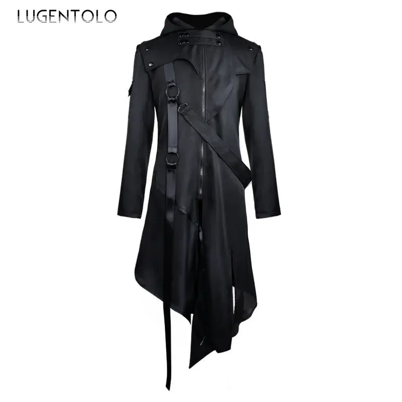 Men Gothic Steampunk Jacket Tailcoat Cosplay Halloween Hooded Assassin Costume Medieval Viking Warrior Zipper Black Coat 5XL