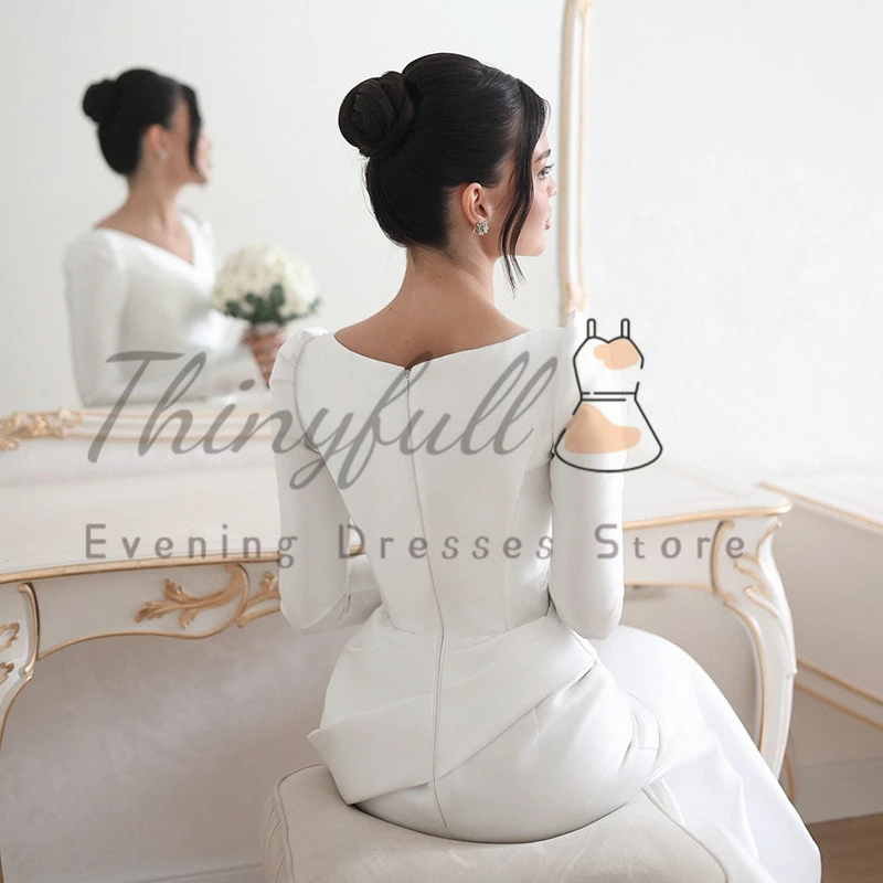 Ottotre abiti da sposa a sirena bianca Arabia Saudita manica lunga scollo a V abito da sposa in raso abiti da ballo da donna personalizzati