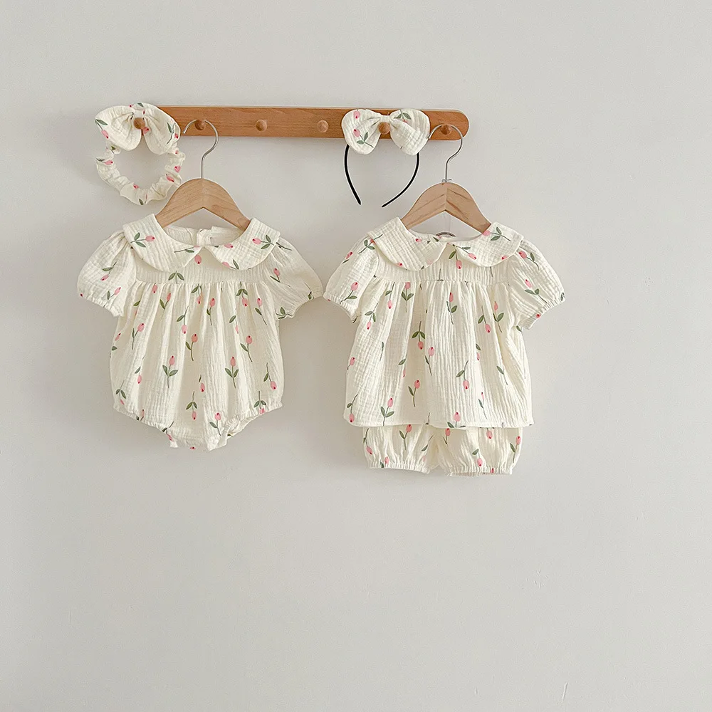 2026 Summer New Cotton Linen Infant Tulip Bodysuit with Hair Band Floral Comfort Newborn Girls Shirt +Shorts Clothes Set