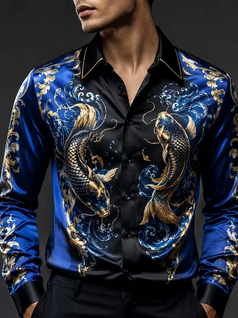 New Koi Lotus Gilded Ripple Chinese Style Printed Long Sleeve Shirt Smooth High Gloss Satin Collar Men's Top