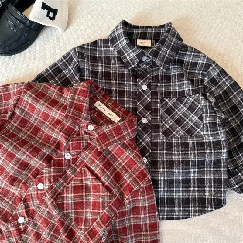 

Boys and Girls Brushed Plaid Shirt Baby Simple Shirt Jacket Children's Shirt 2025 Autumn New