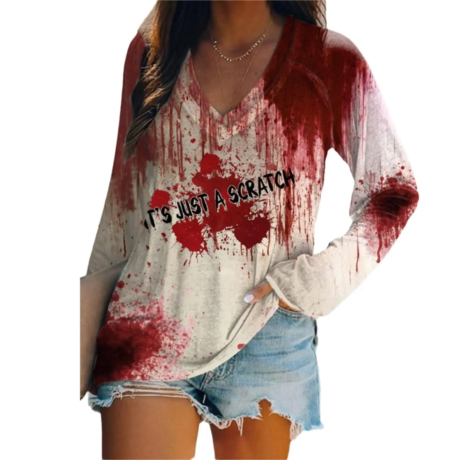 

Ladies' V-neck Sunscreen Thriller Creative Halloween Series Horror European and American Source Autumn Long SleeveWB16