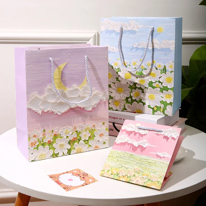 12pcs Oil Painting Paper Hand Bags For Candy Festival Valentines Day Gift Packaging Favors Birthday Party  Wedding Supplies