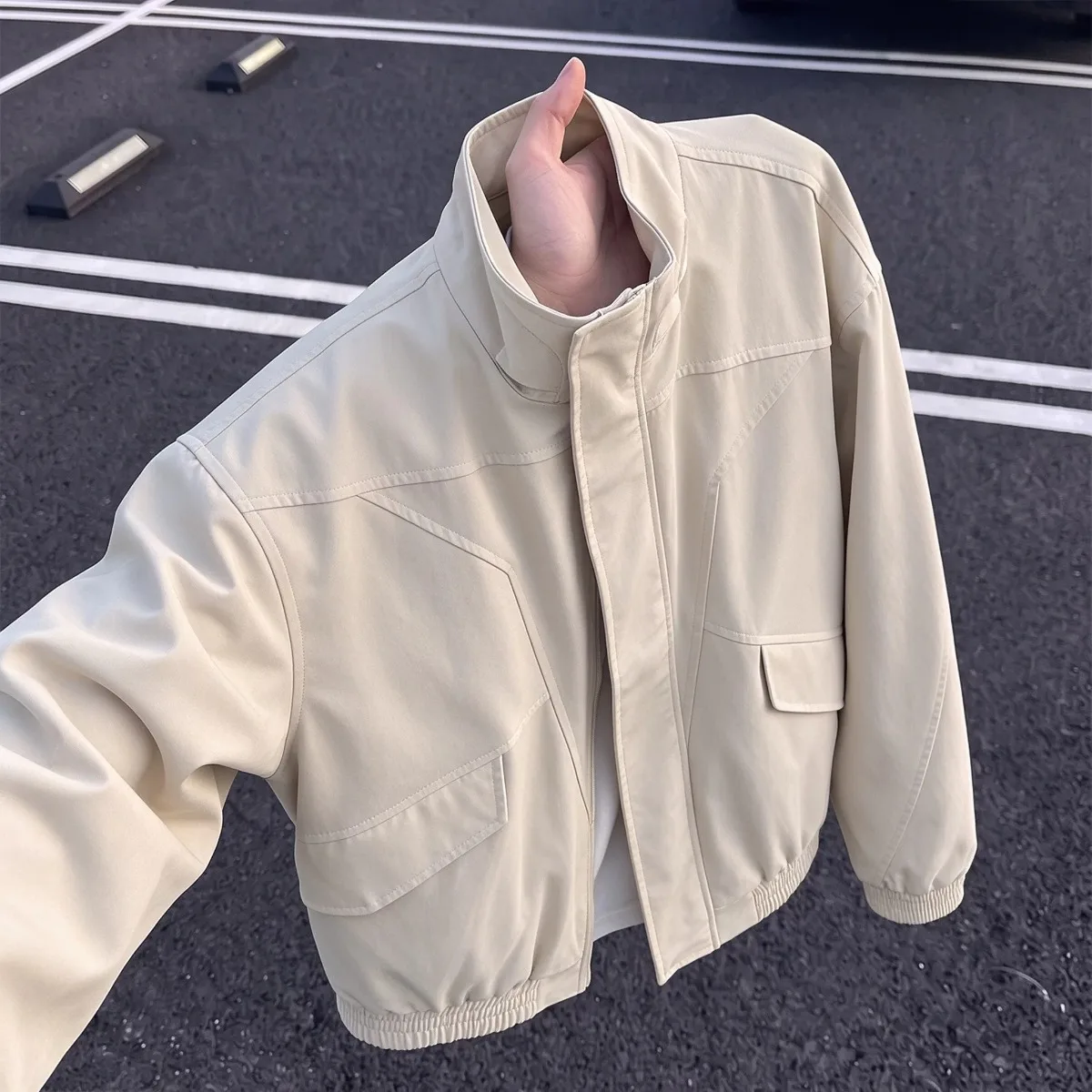 American Style Stand Collar Rider Jacket Men's Trendy Handsome High-End Casual Outerwear Shoulder Hard Style Versatile Motorc...