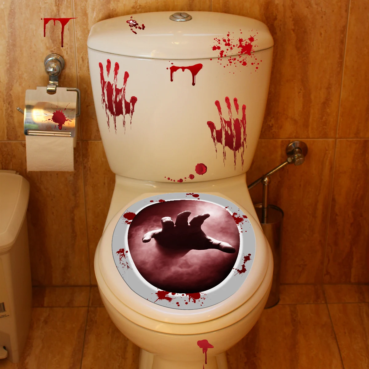 1set of 2pcs Halloween Horror Bloody Hands Pattern Toilet Stickers, Self-Adhesive Moisture Resistant Removable Adhesive Tearable