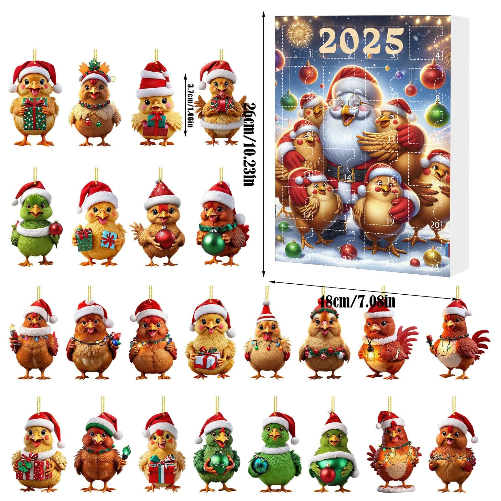 2025 Christmas Countdown Calendar Blind Box Chicken Acrylic Hanging Ornaments Christmas Tree Decoration Festive Party Supplies