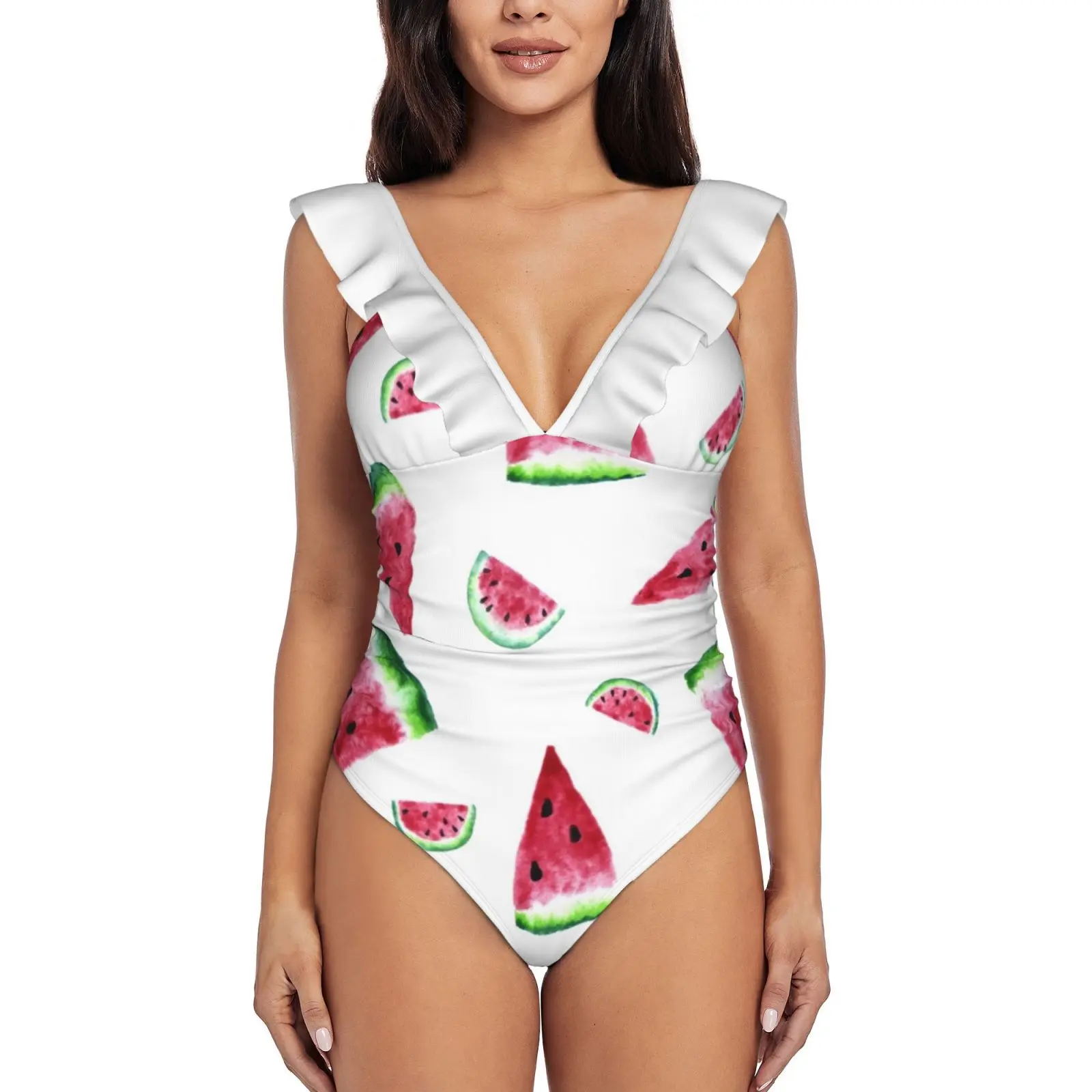 Watermelon Print Sexy One Piece Swimsuit Women Ruffled Swimwear Women Print Monokini Female Beachwear Watermelon Fruit