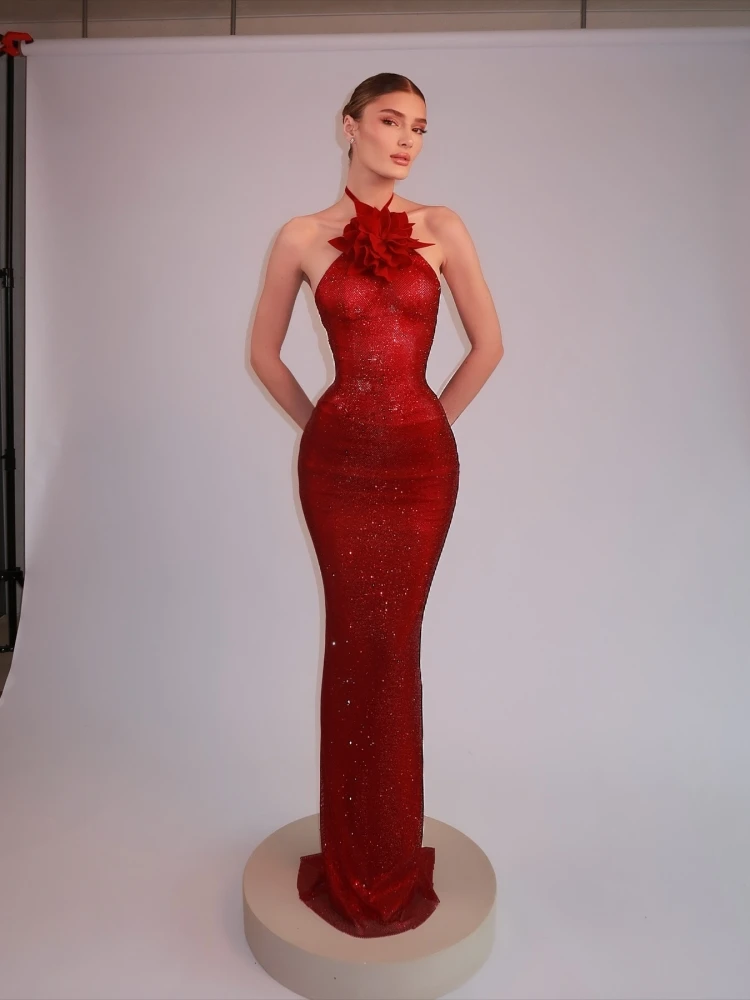 

Sexy Halter Neck 3D Flower Diamonds Bodycon Long Dress Women Red Sleeveless Lace-up Floor Length Dresses Evening Party Club Gown