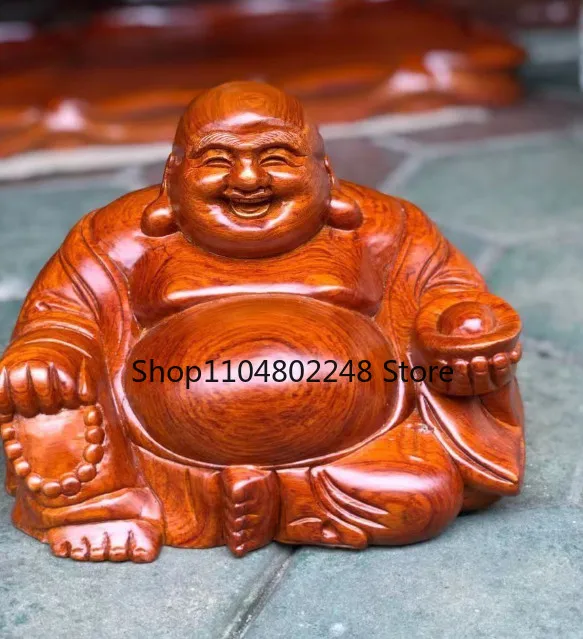 Holding Ingot Natural Red Wood Hand-Carved Feng Shui Laughing Buddhas Statues