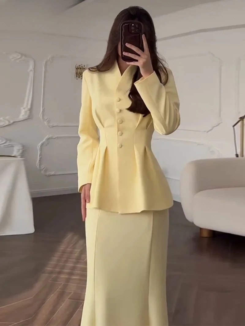 

Elegant Women's Waist-Closed Blazer Skirts Suits Long Sleeve V-Neck Button Solid Lady Sets 2025 New Casual 2 Pieces Set Women