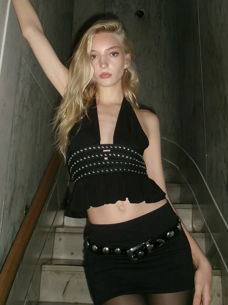 Weird Puss Rivet Ruffles Backless Tank Tops Women Hipster Halter V-Neck  Sexy Midnight Street Summer Trend Hottie Coquette Tops