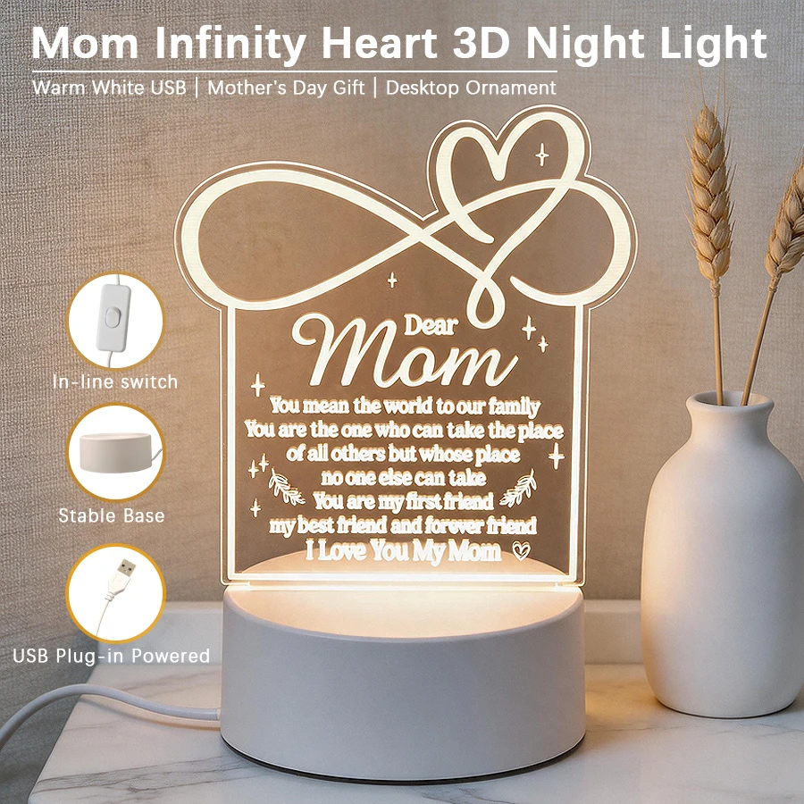 1pc Mom Infinity Heart 3D Acrylic Night Light USB Warm White LED Lamp Mother’s Day Birthday Gift for Mom Bedroom Decor