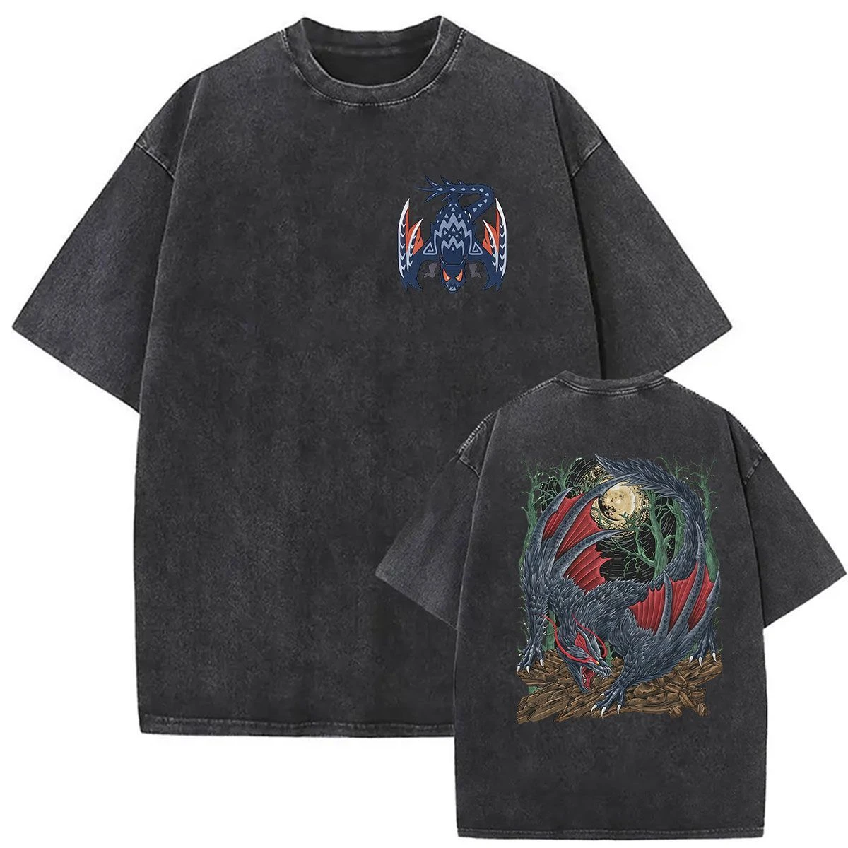 Summer Monster Hunter Gore Magala Game Print Washed Distressed Short-sleeved T-shirt for Men and Women Pure Cotton