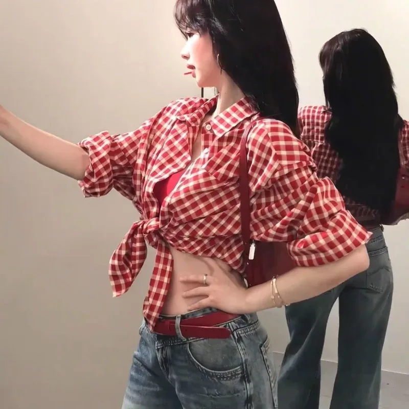 Deeptown Vintage Red Plaid Women Shirts Harajuku Pocket Long Sleeve Korean Fashion Oversized Blouses Casual Commute Sunscreen