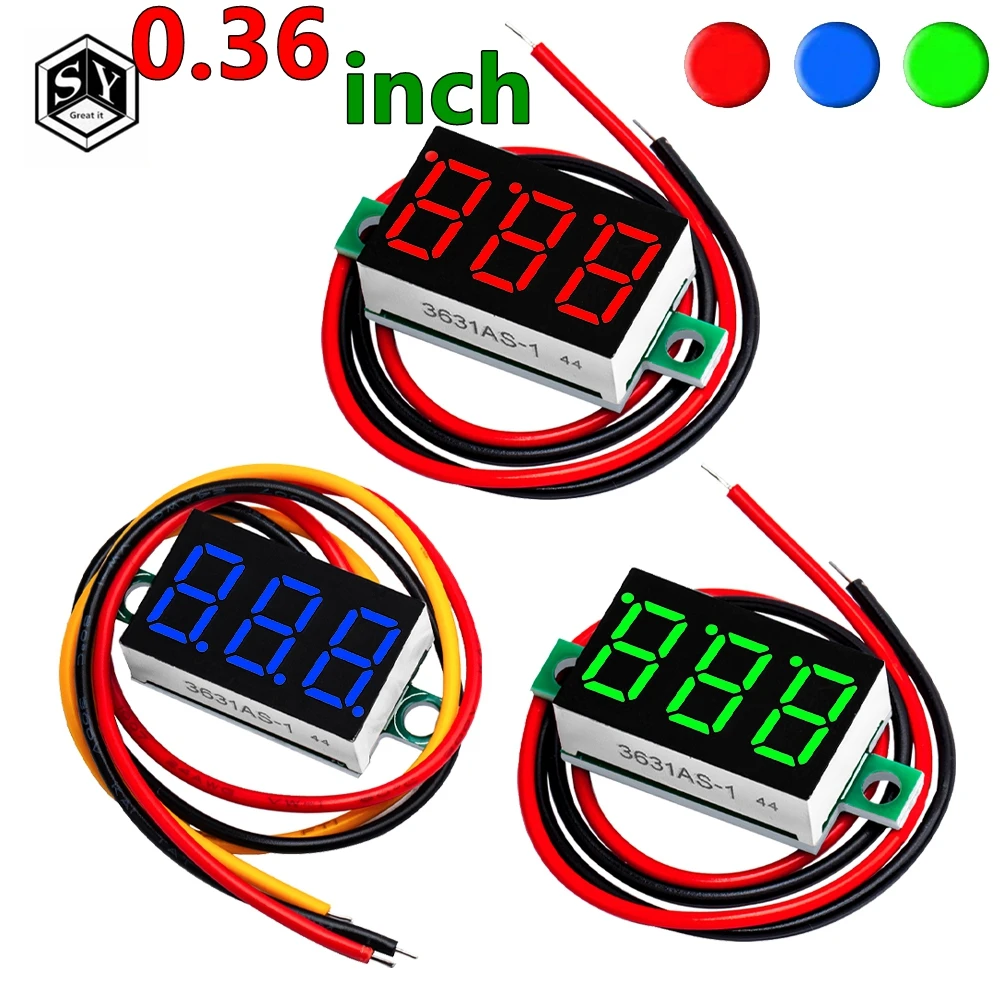 1 Uds 0,36 pulgadas 0,36 "voltímetro Digital rojo verde azul DC 0V-100V tres líneas 3 dígitos Panel de voltaje medidor pantalla led Color