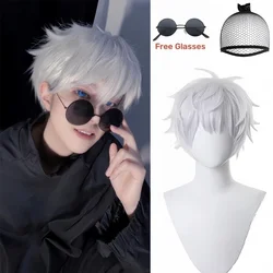 Jujutsu Kaisen Cosplay Wig Gojo Satoru Wig with Black Glasses Silver White Wig with Wig Cap for Cosplay Halloween Costume Party