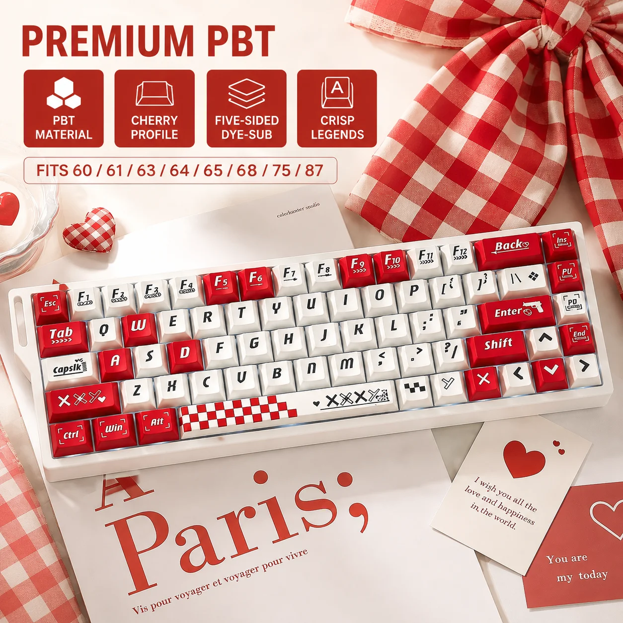 109-Key Red White PBT Keycap Set, Five-Sided Dye-Sub Cherry Profile Custom Keycaps for 60 61 63 64 65 68 75 87 Mechanical Keyboa