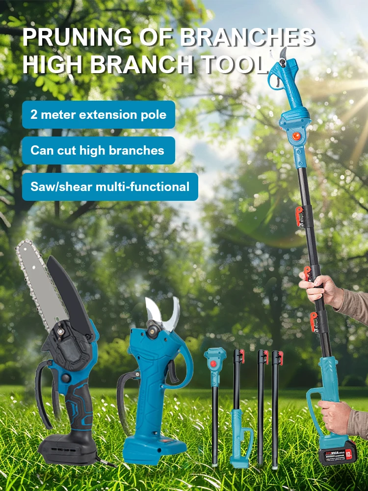 

3 in1 Brushless Saw&Pruning Shear Removable 2m Reach Extension Pole Fruit Tree Cordless Electric Chainsaw For Makita 21V Battery