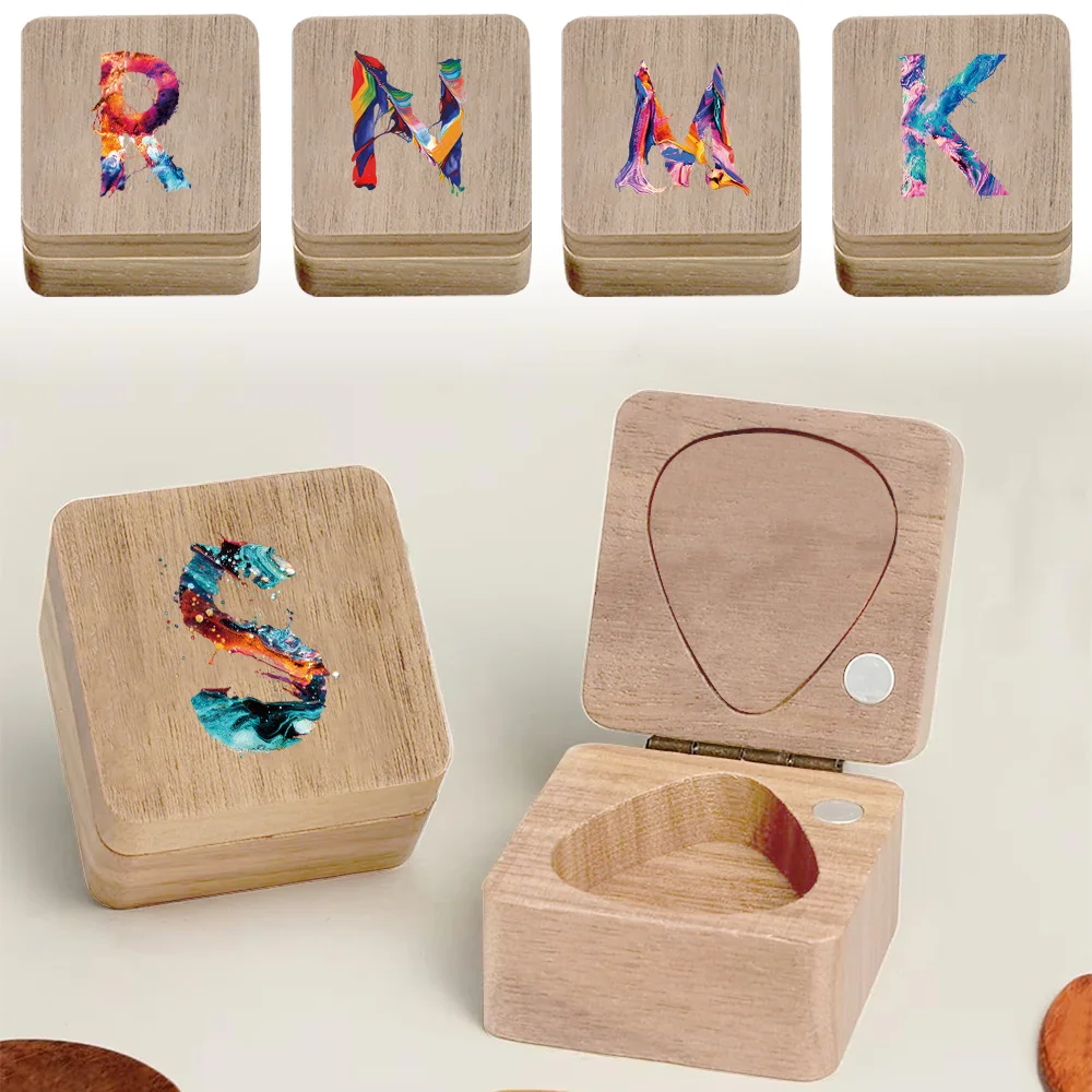 

1pc Wooden Guitar Pick Box Portable Perfect For Storing Plectrums Stylish Paint Letter Design Initial Name 26 Letters Pattern