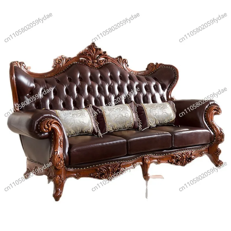 American solid wood sofa double-sided carved large apartment European leather sofa combination villa hotel furniture