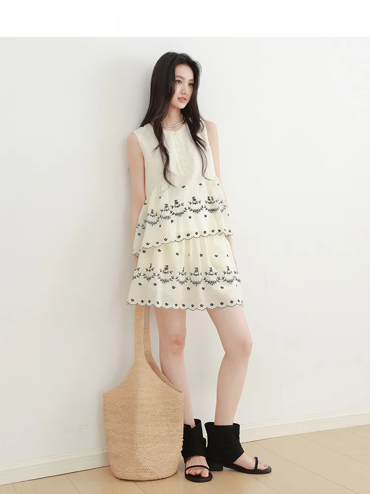 

CHACHASTU Heavy Embroidery round Ne Svel irt f Skirt Two Piece Set Women's Summer Versatile Cotton Blend irt