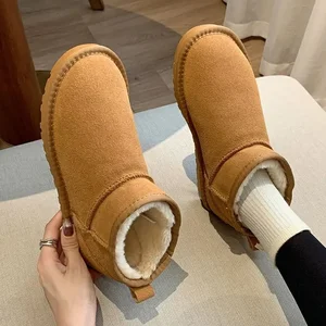 2023 Fashion Solid Color Women's Boots Shallow Mouth Women's Winter Thick Soled Warm Ankle Fur Short Boots Luxury Boots