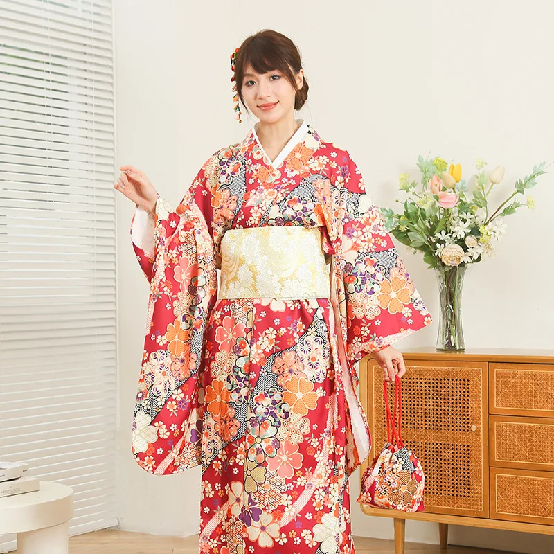 Japanese Traditional Yukata Kimono With Obi Vintage Women Evening Dress Geisha Stage Show Photography Clothes Costume Cosplay