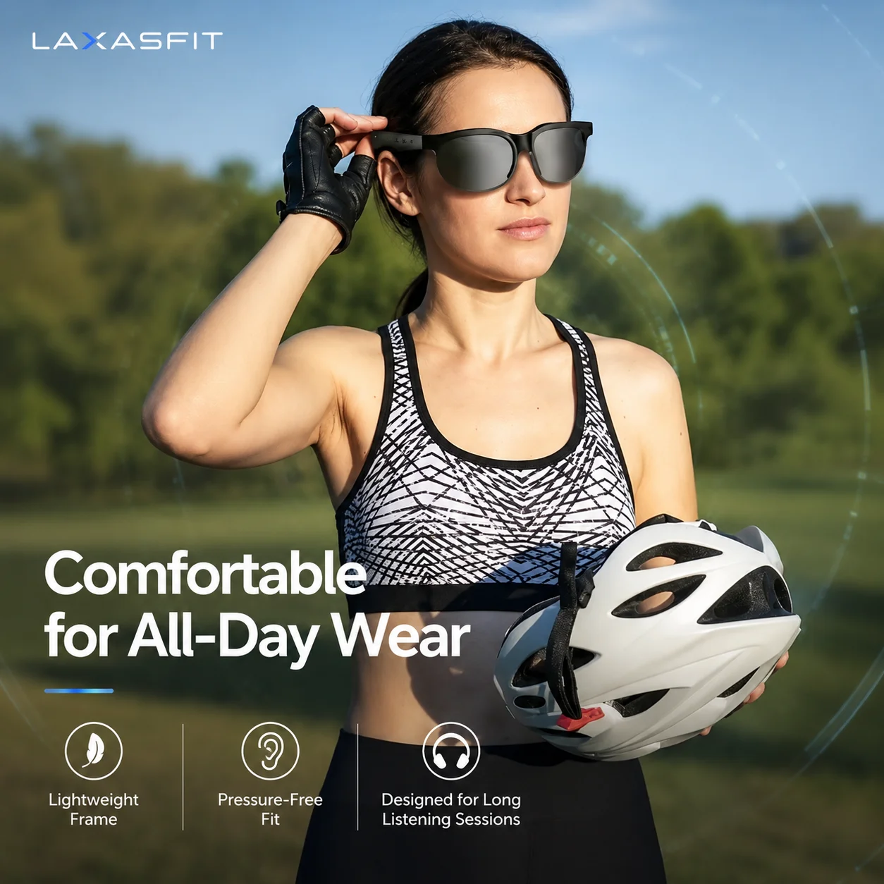 LAXASFIT Smart Glasses Bluetooth 5.3 Open Ear Stereo Sound Call Music Remote Camera Voice Assistant Sports Sunglasses Gift view 6