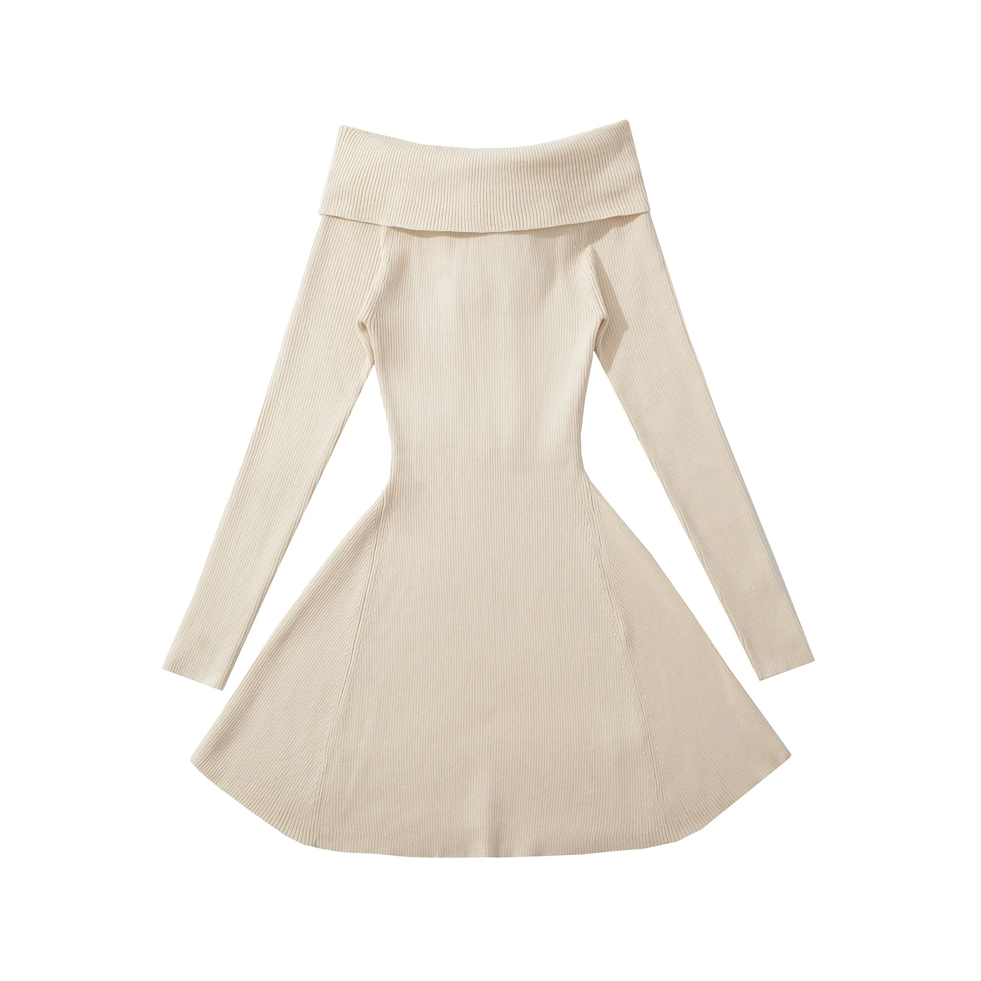 2025 Autumn Sexy Slash Shoulder Knitted Mini Sweater Dress Women Bow Cut Out Back Backless A-line Full Sleeve Robe Knitwear