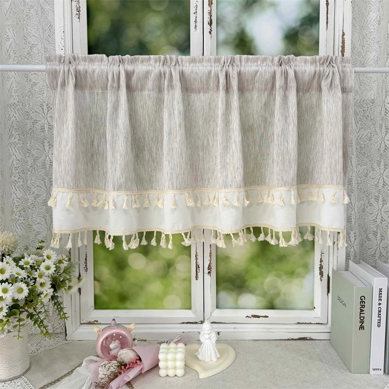 

Bohemian Rice Coffee Imitation Wool Tulle Splicing Short Curtains Beige Tassel Lace For Kitchen Window Farmhouse Coffee Drapes