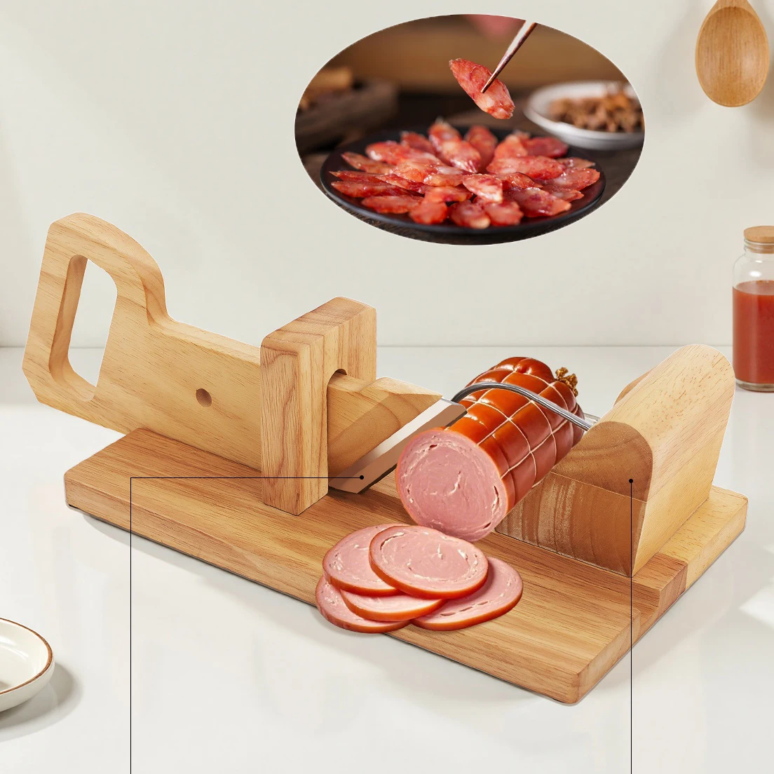 Wurst- und Bananen-Guillotineschneider, Schneidbrett aus Holz mit scharfer Klinge für Obst, Gemüse, Gurke, Küchenzubehör