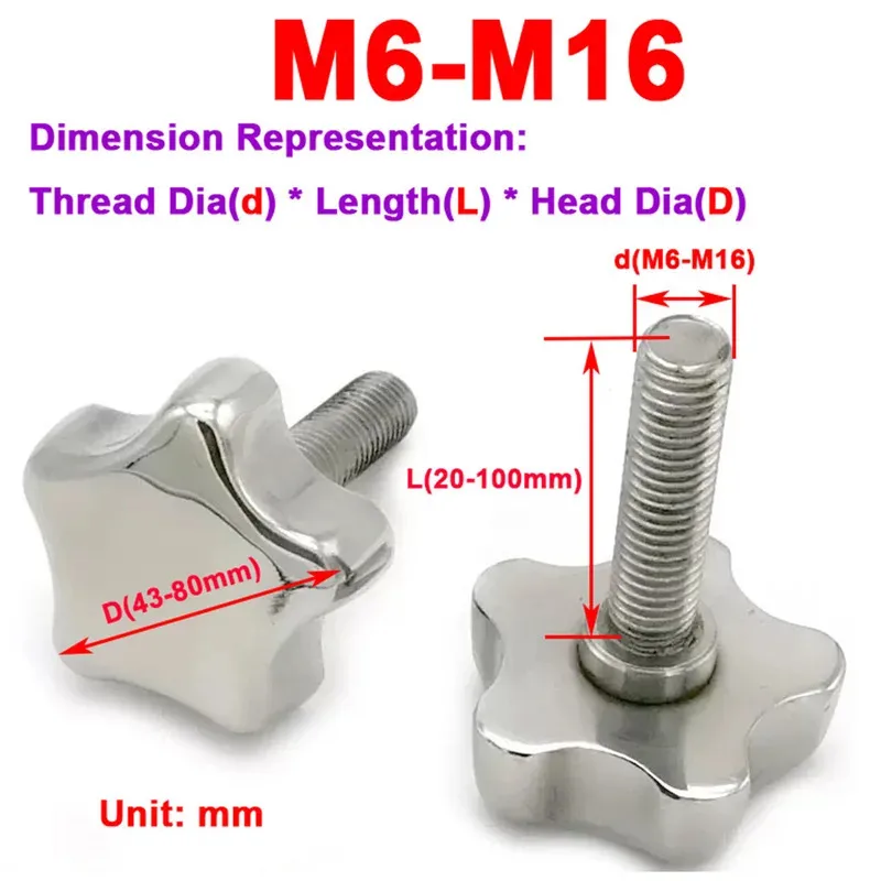 304 Stainless Steel Plum Blossom Star Fastening Knob Handwheel Screw for Machine Tool Control M6 M8 M10 M12 M14 M16